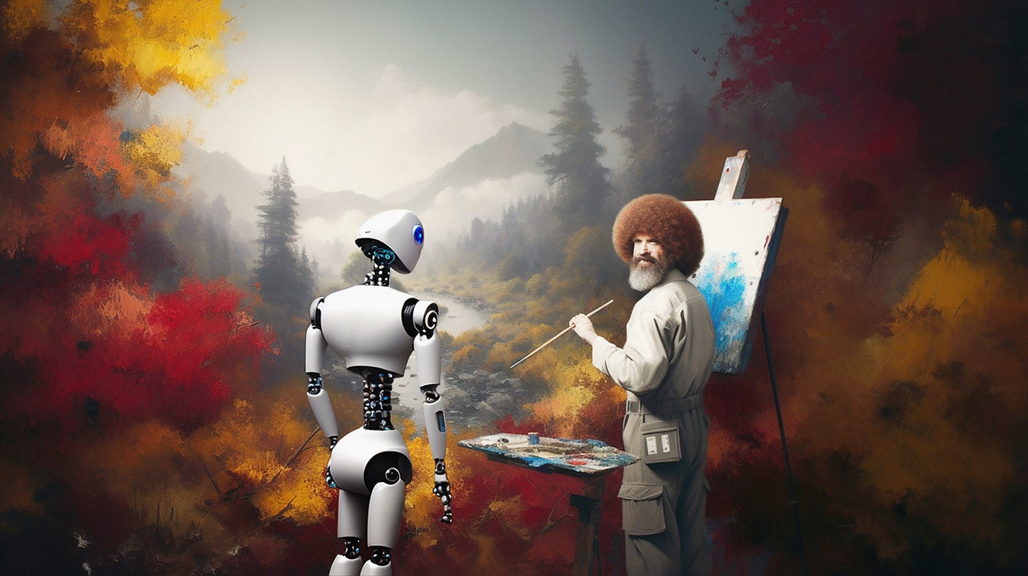 robot approaches bob-ross-looking artist in front of easel, with large landscape painting forming background