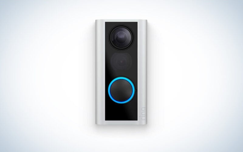 A Ring Peephole Cam on a blue and white background