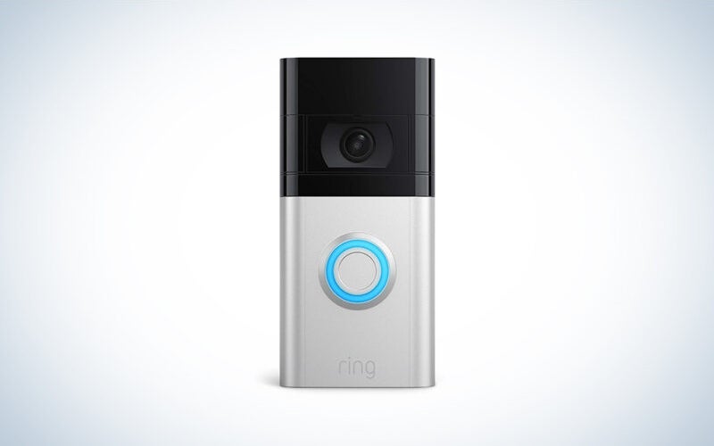 A Ring Video Doorbell 4 on a blue and white background