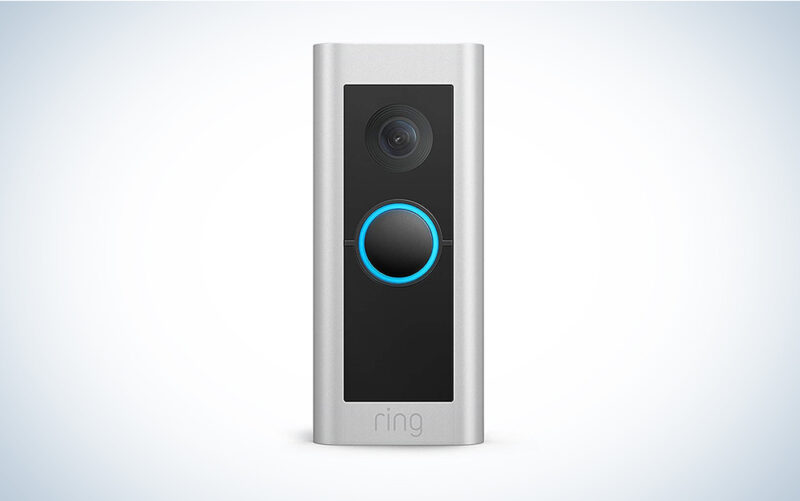 A Ring Video Doorbell Pro 2 on a blue and white gradient background
