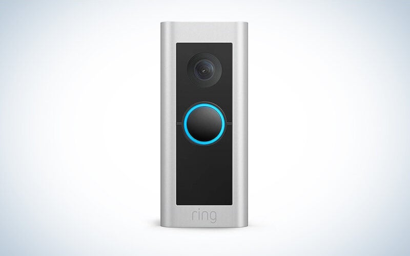 A Ring Video Doorbell Pro 2 on a blue and white gradient background