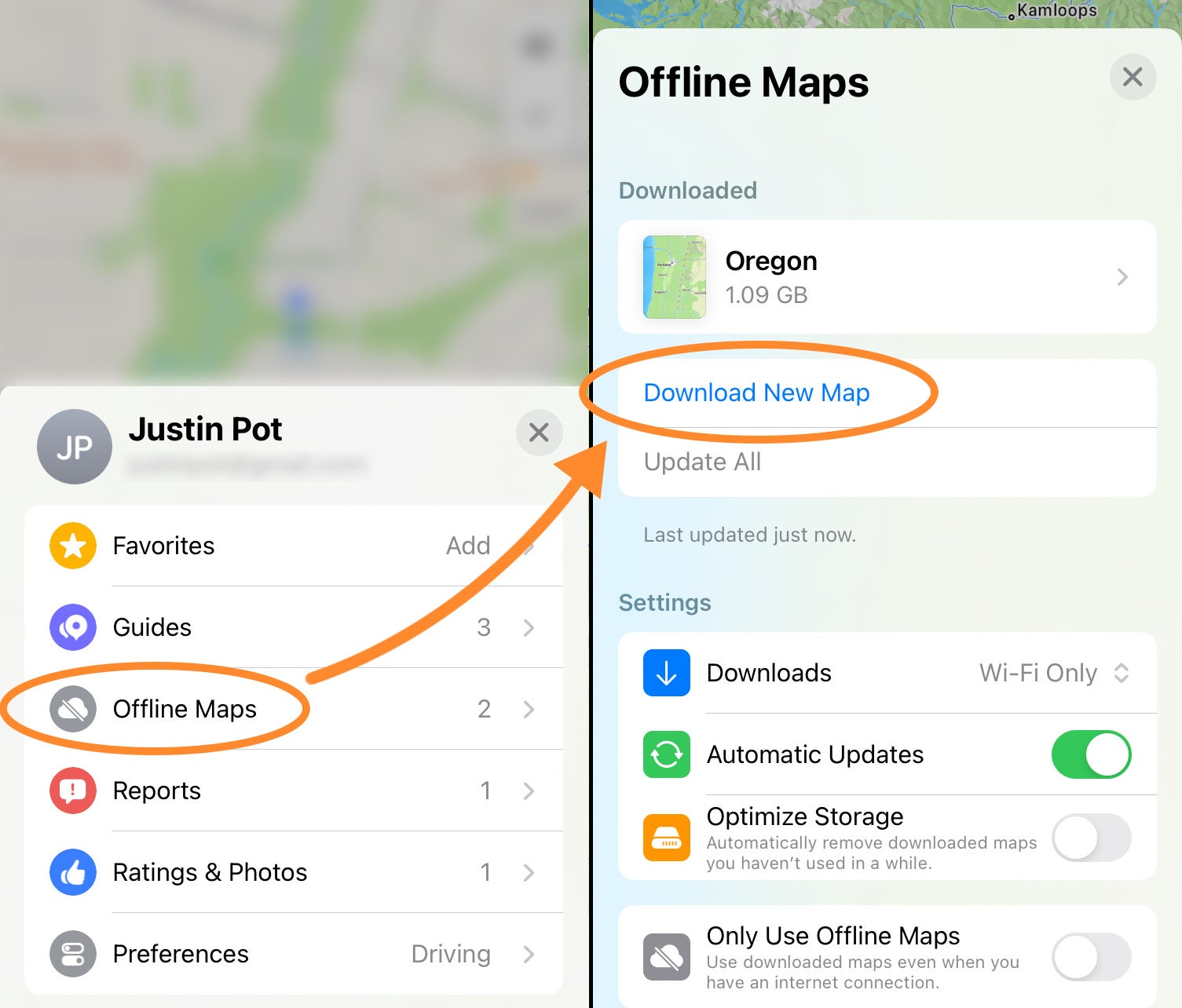 Apple Maps offline maps menu