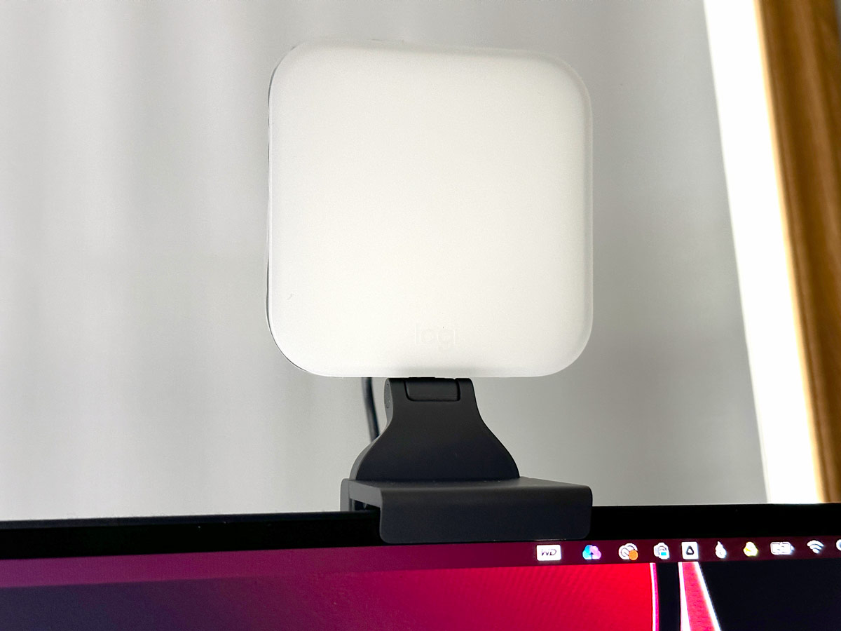 Logitech for creators Litra Glow light on top of a monitor