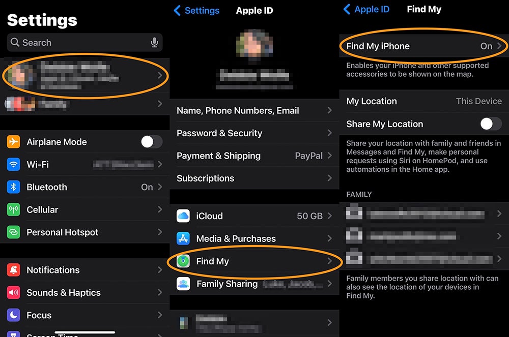 The iPhone Settings app showing how to ensure your location history is available via the Find My app.