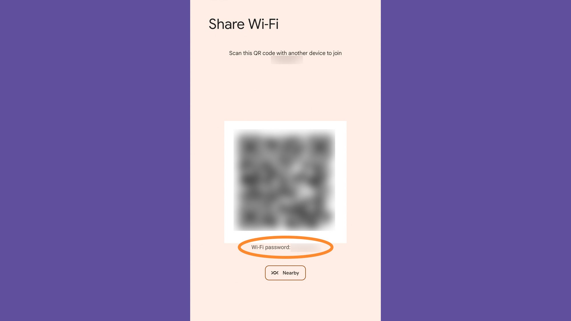 An Android QR code showing where to find a WiFi password.