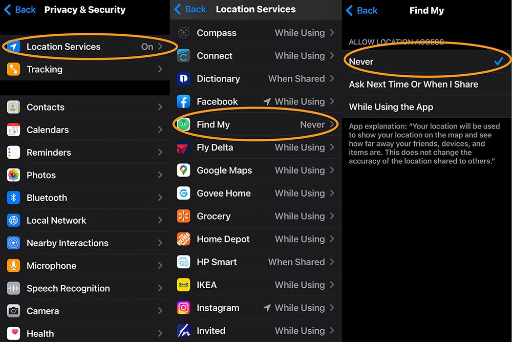 The iPhone Settings app, showing where to find the options to hide your location from specific apps, using the Find My app as an example of one you might never want to use your location.