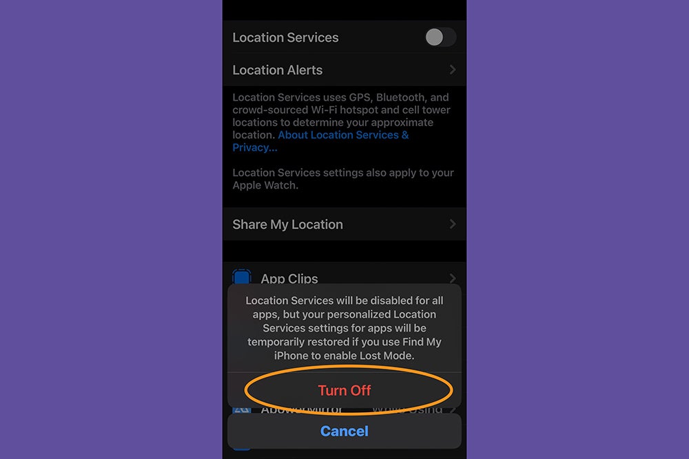 The iOS Settings app, showing where to turn off your location on an iPhone.