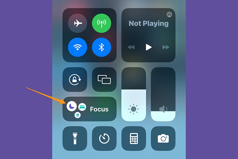 The iPhone Control Center, showing where to find the Do Not Disturb Focus mode, which you can use to temporarily stop sharing your location.