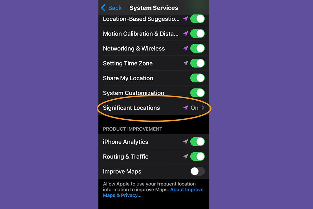 The iPhone System Services settings inside Location Services, showing where to find significant locations and turn it off.