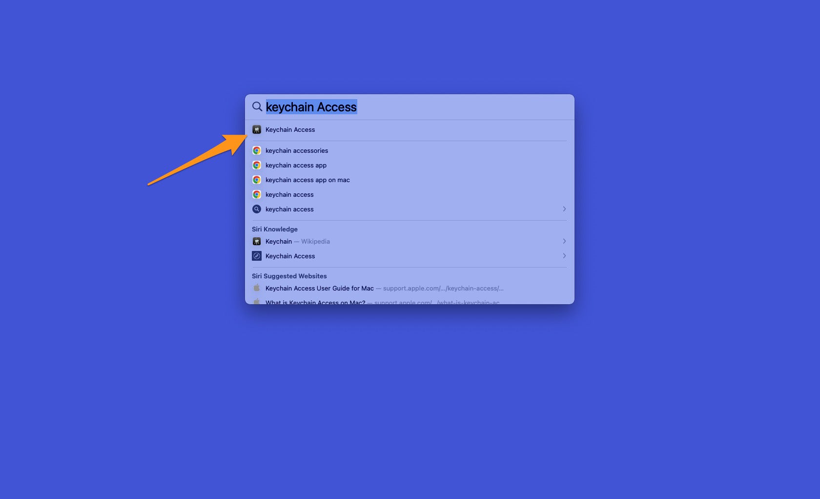The Mac search function with "Keychain Access" typed into it, showing where to find the Keychain Access app.