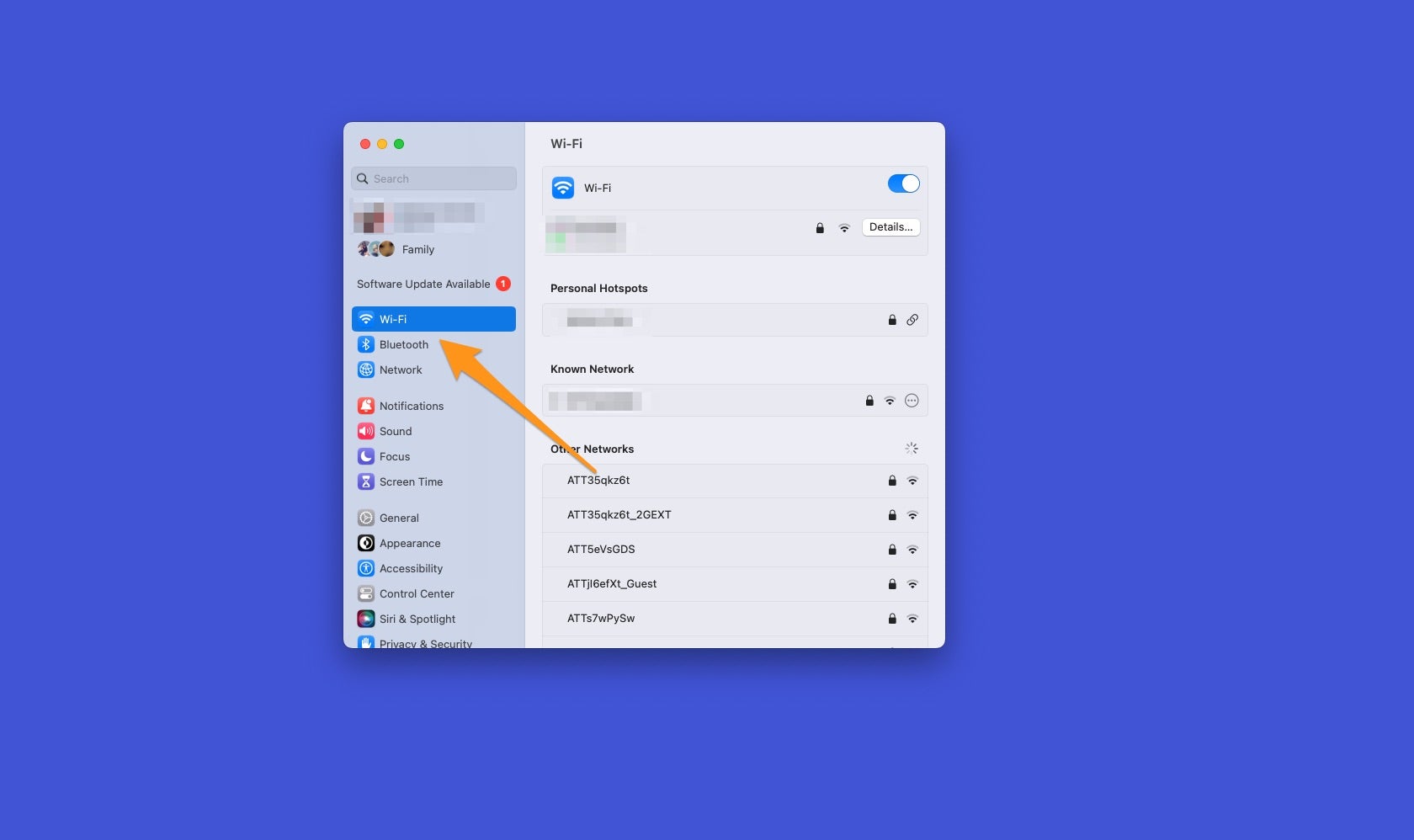 The System Settings app on a Mac showing where to find the WiFi settings.