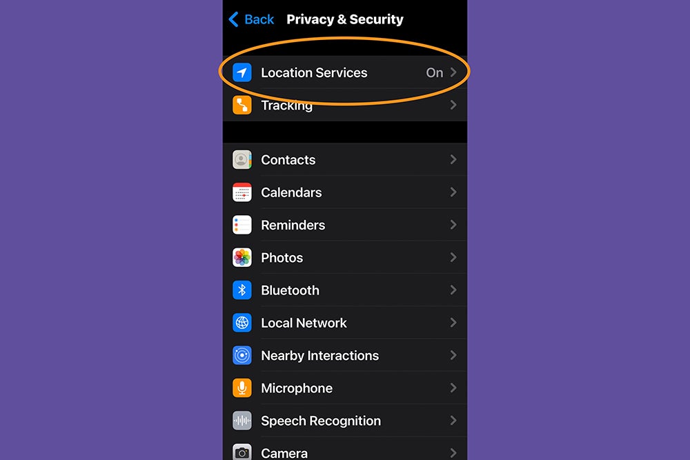 The iPhone Settings app showing where Location Services is.