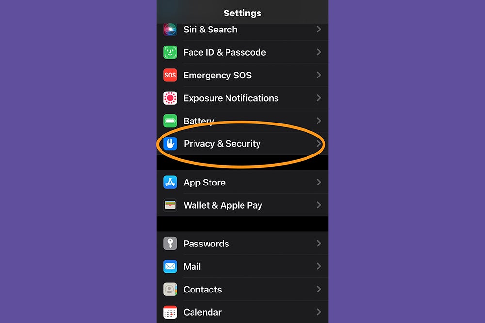 The iPhone Settings app, showing where to find the privacy and security settings.