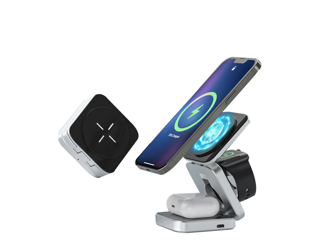 A phone, earbuds case, and smart watch wireless charging on a 3-in-1 power hub