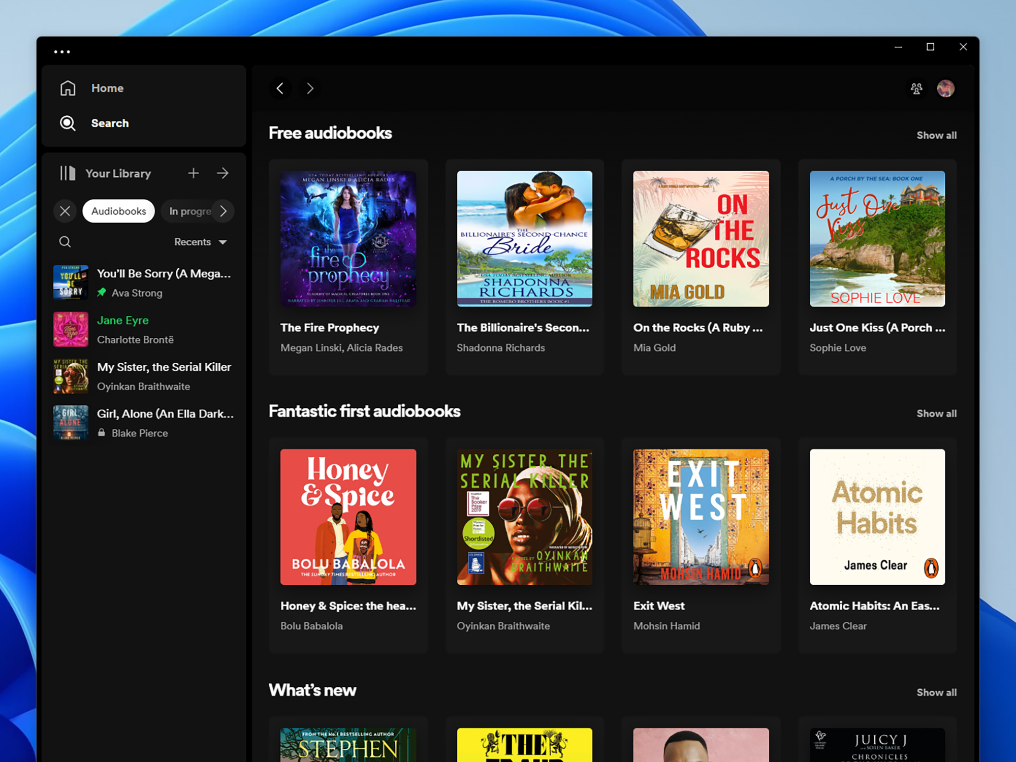 The Spotify audiobooks interface, showing free audiobooks and other options for finding what you might want to listen to.
