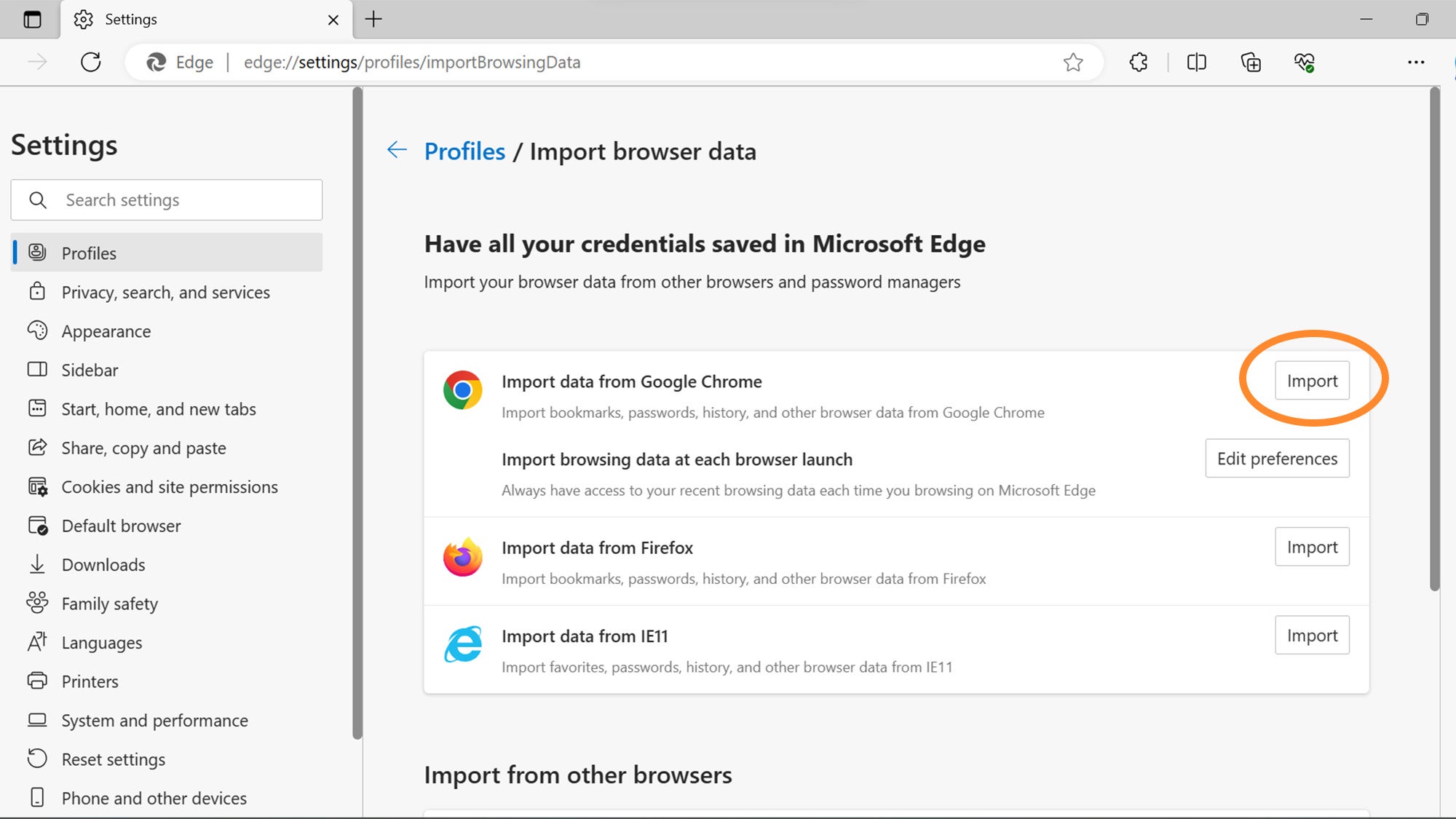 Settings to import bookmarks and data from Chrome to Microsoft Edge
