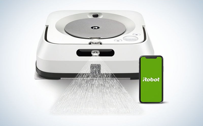A white iRobot Braava jet m6 on a blue and white background