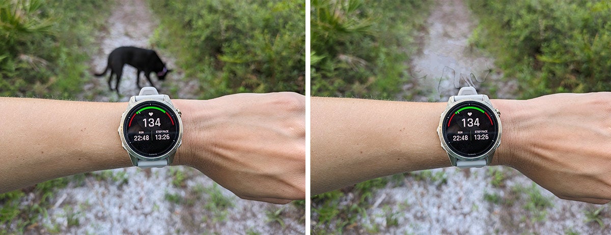 A before and after image of a wrist with a watch and a dog in the background in one.
