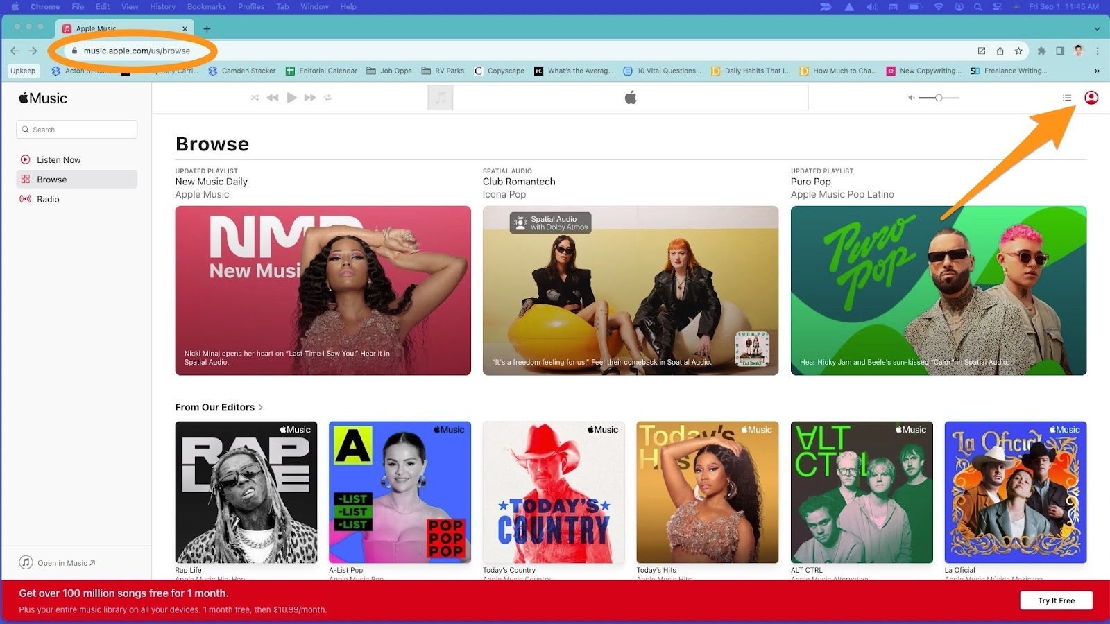 To cancel Apple Music online, go to the website and click on your profile in the corner.