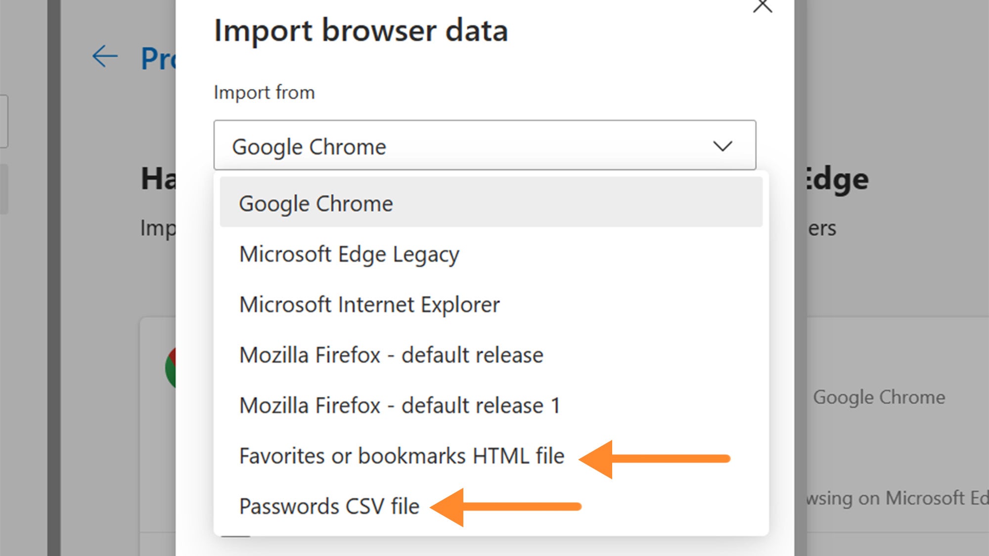 Import browser data menu on Microsoft Edge