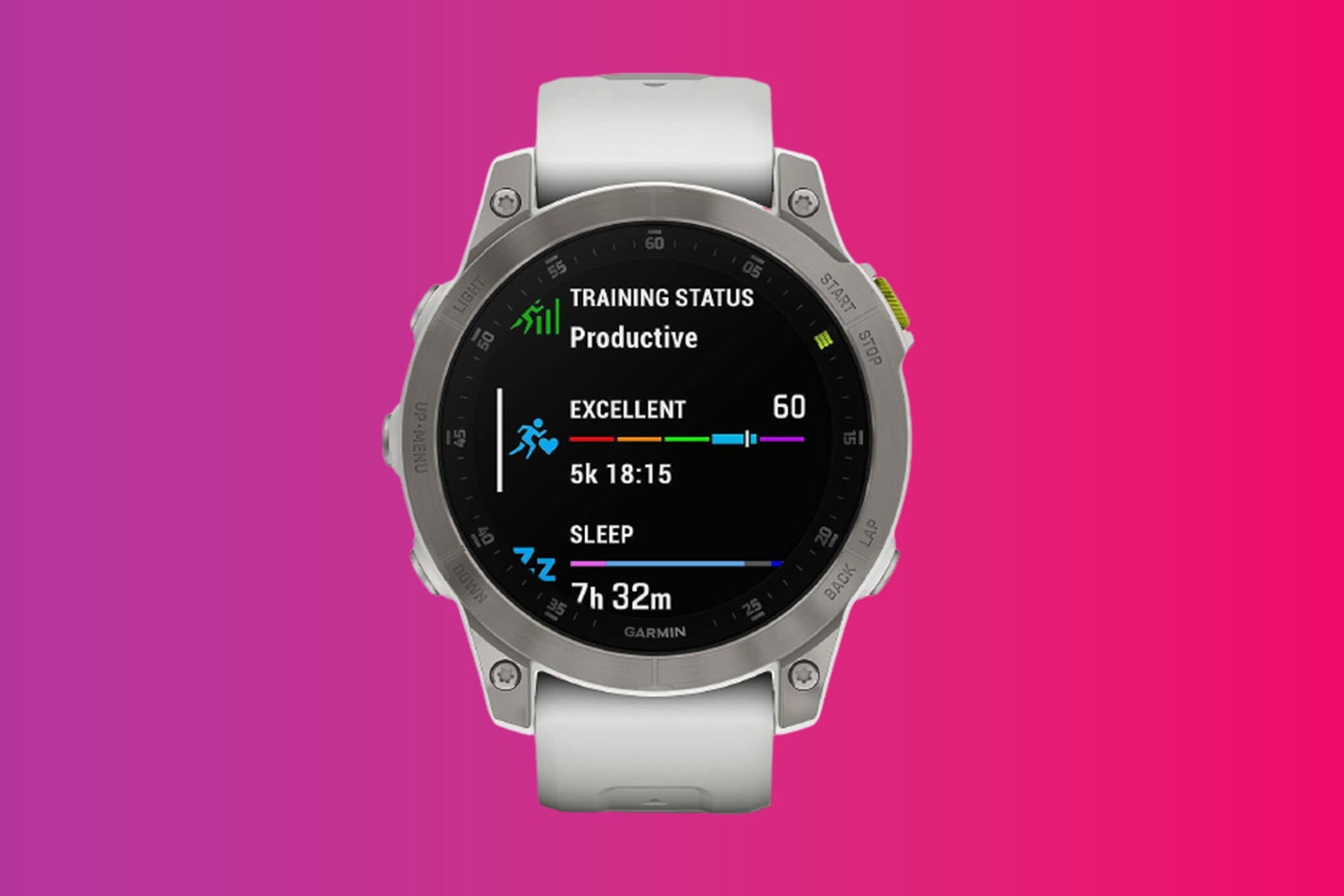 A Garmin watch on a pink and red background