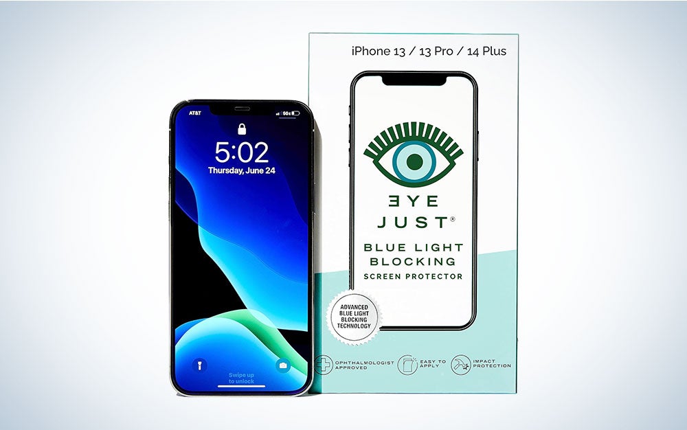 The EyeJust Blue Light Blocking Screen Protector on a blue and white background
