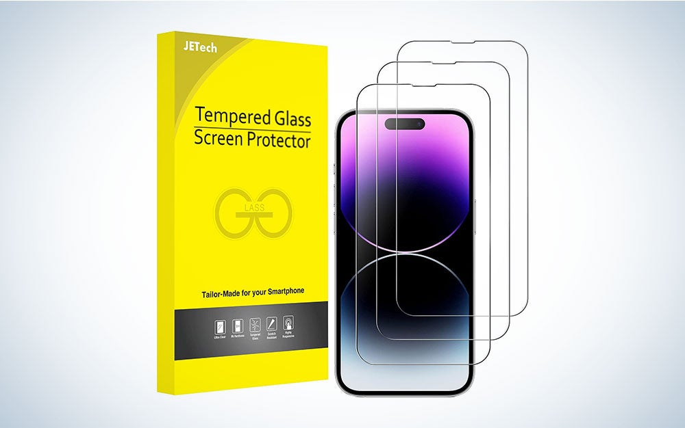 A JETech Full Coverage Screen Protector on a blue and white gradient background