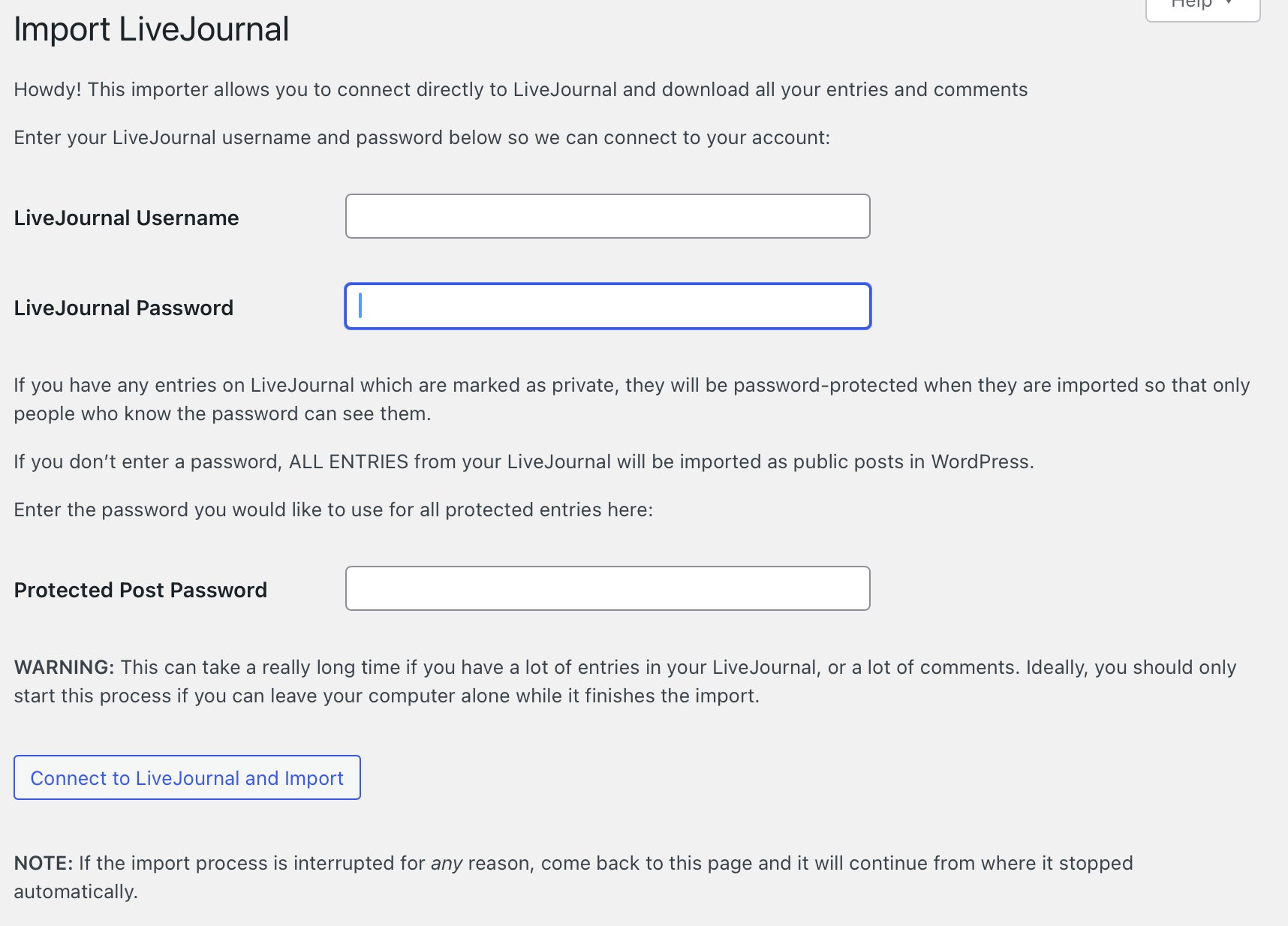 The WordPress tool for importing LiveJournal data to WordPress, showing where you need to put your LiveJournal username and password to start the backup process.