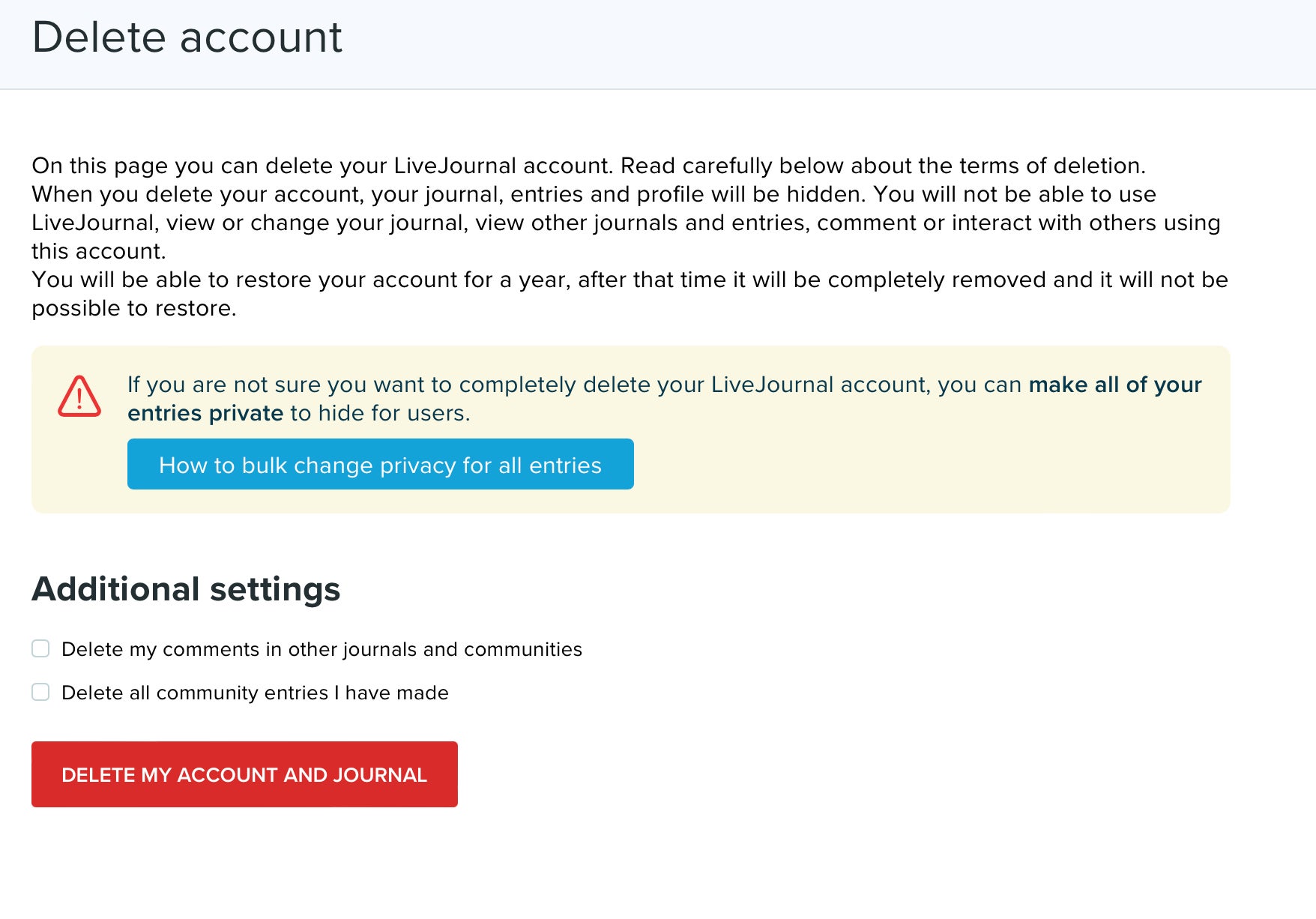 The page where you can delete your LiveJournal account, with additional settings for deleting comments across the site.