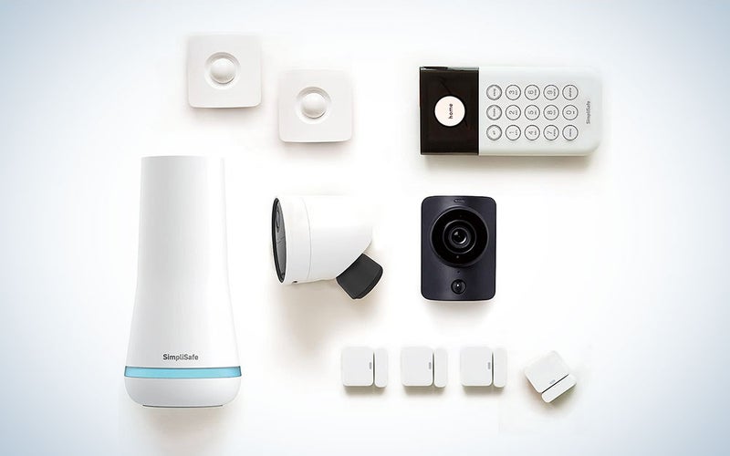 The SimpliSafe 10 piece wireless home security system on a blue and white background