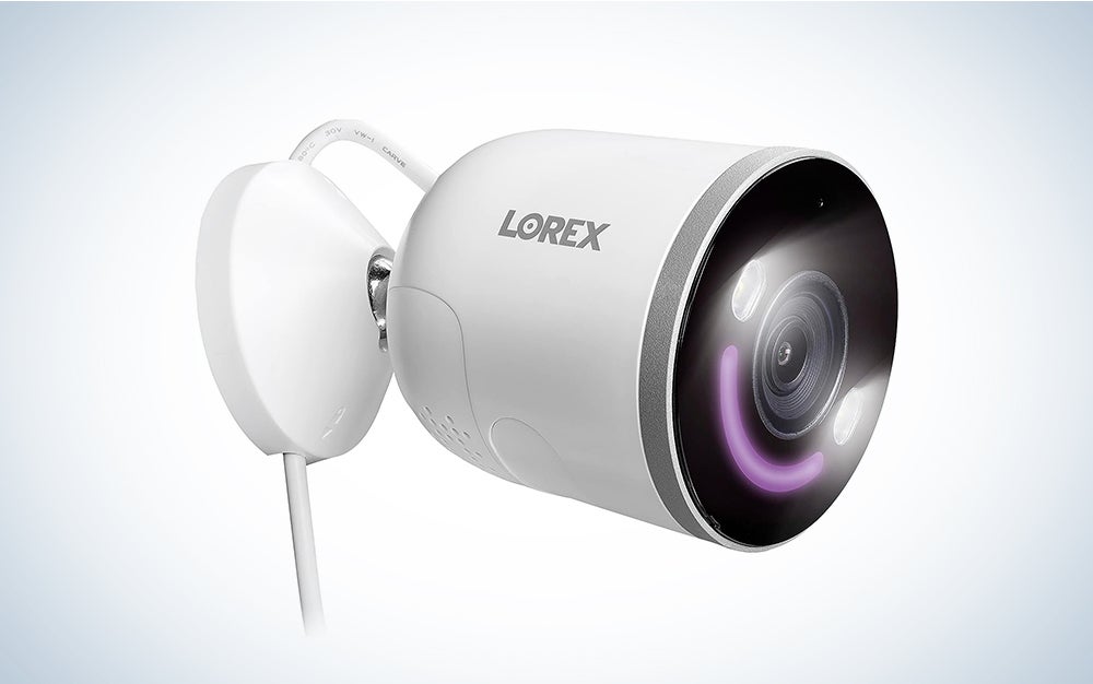 A Lorex 4K wireless camera on a blue and white background