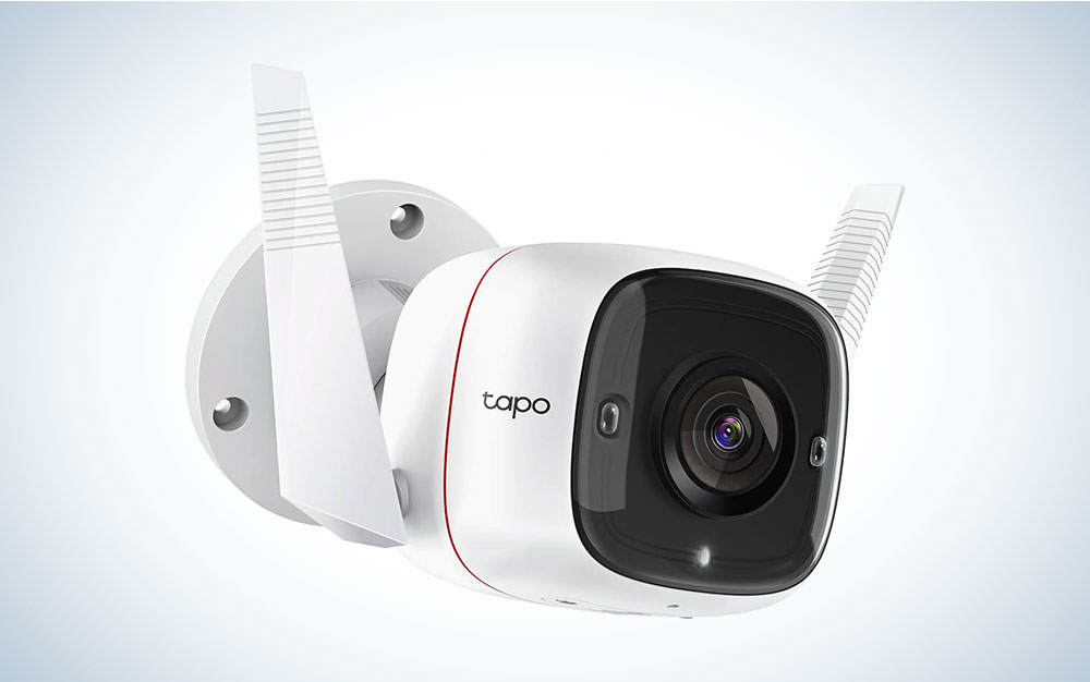 A TP-Link Tapo security camera on a blue and white background