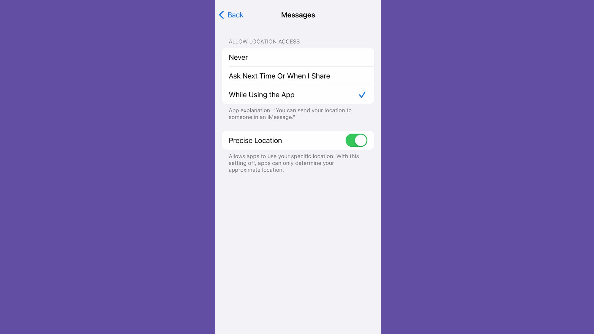 The Apple Messages app settings, showing where to set your location sharing options.