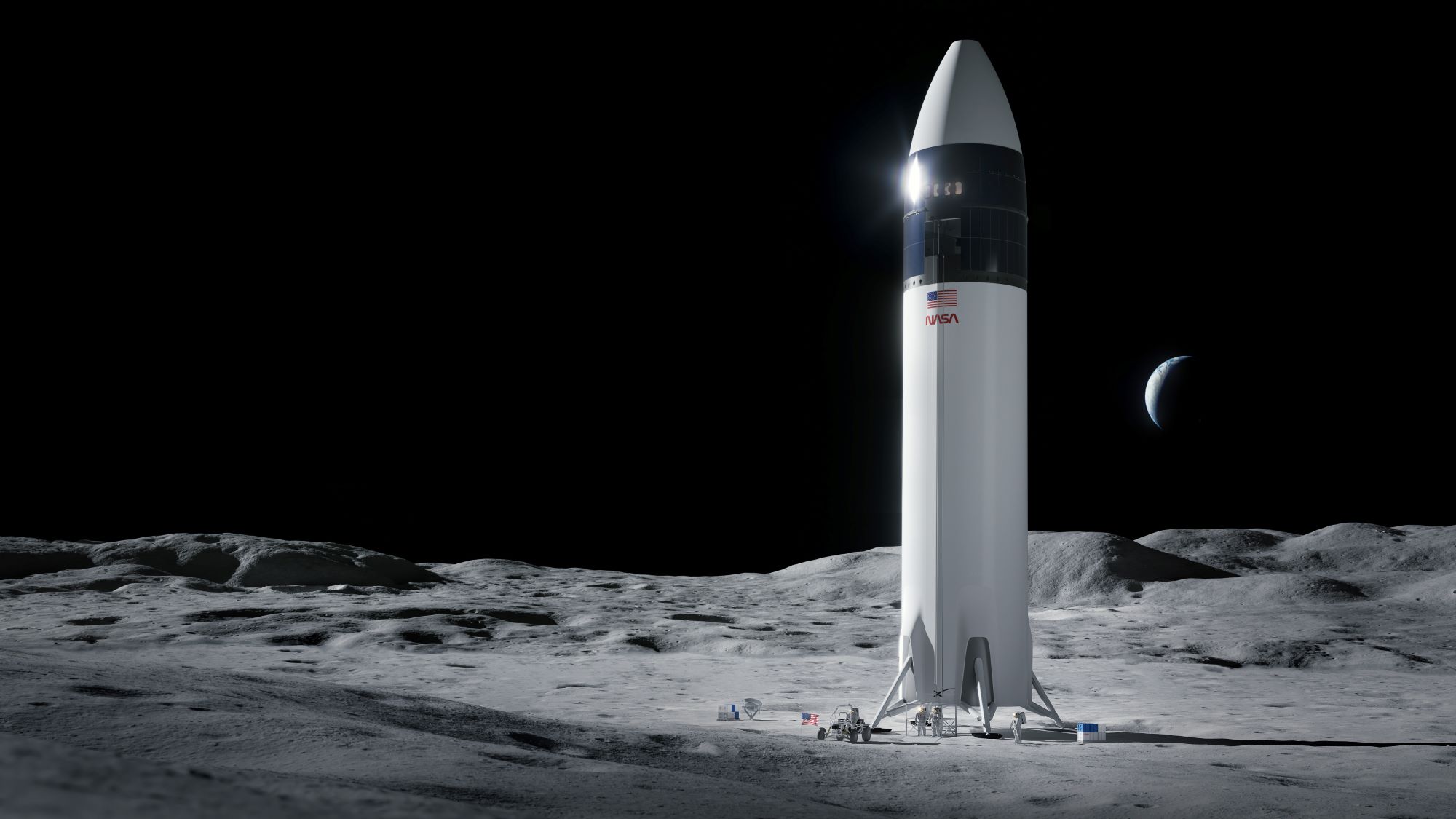 An illustration of a white Starship rocket on a gray lunar surface.