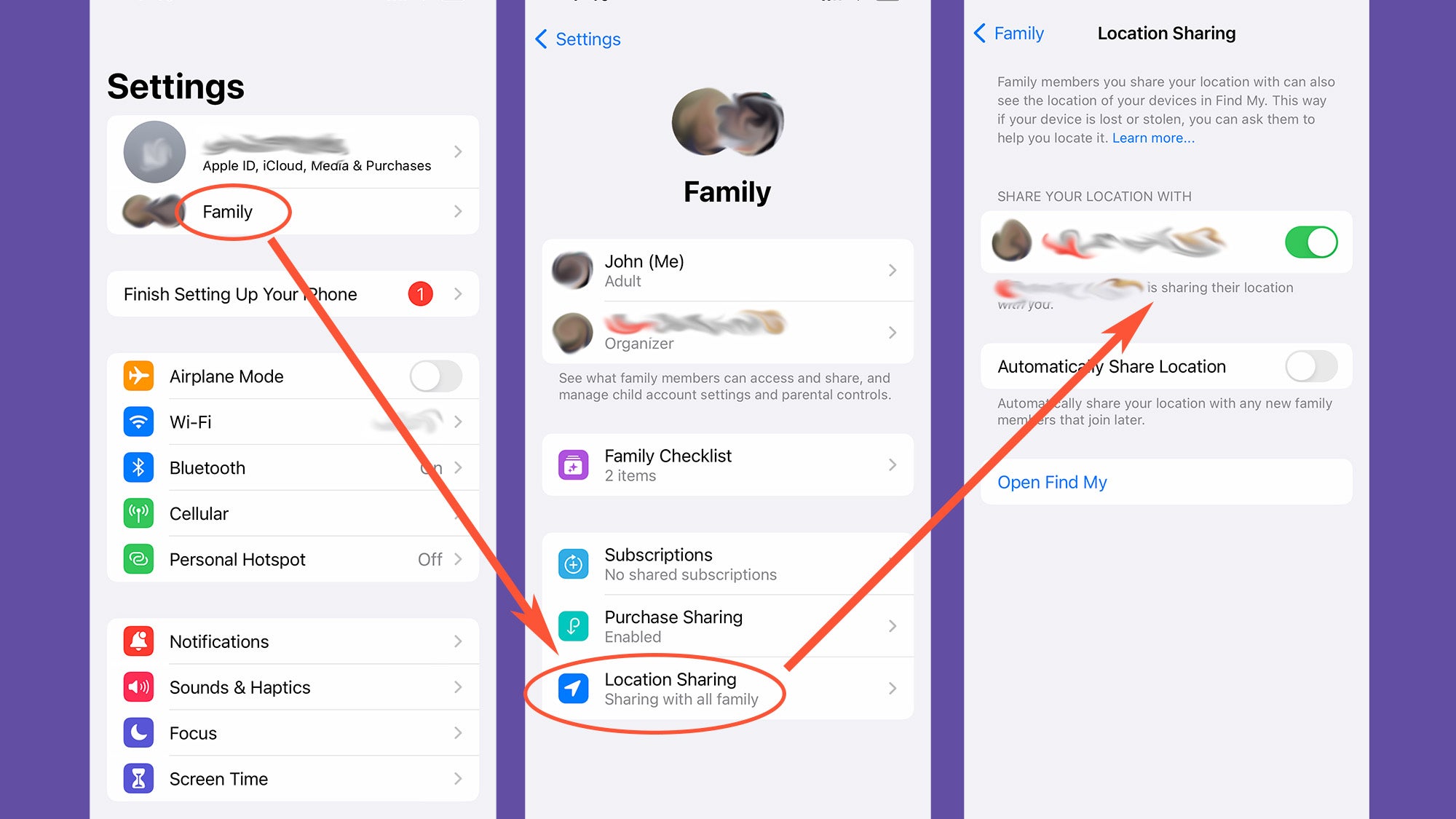Apple's Settings app, showing where to find Family Sharing options for sharing your location on an iPhone.