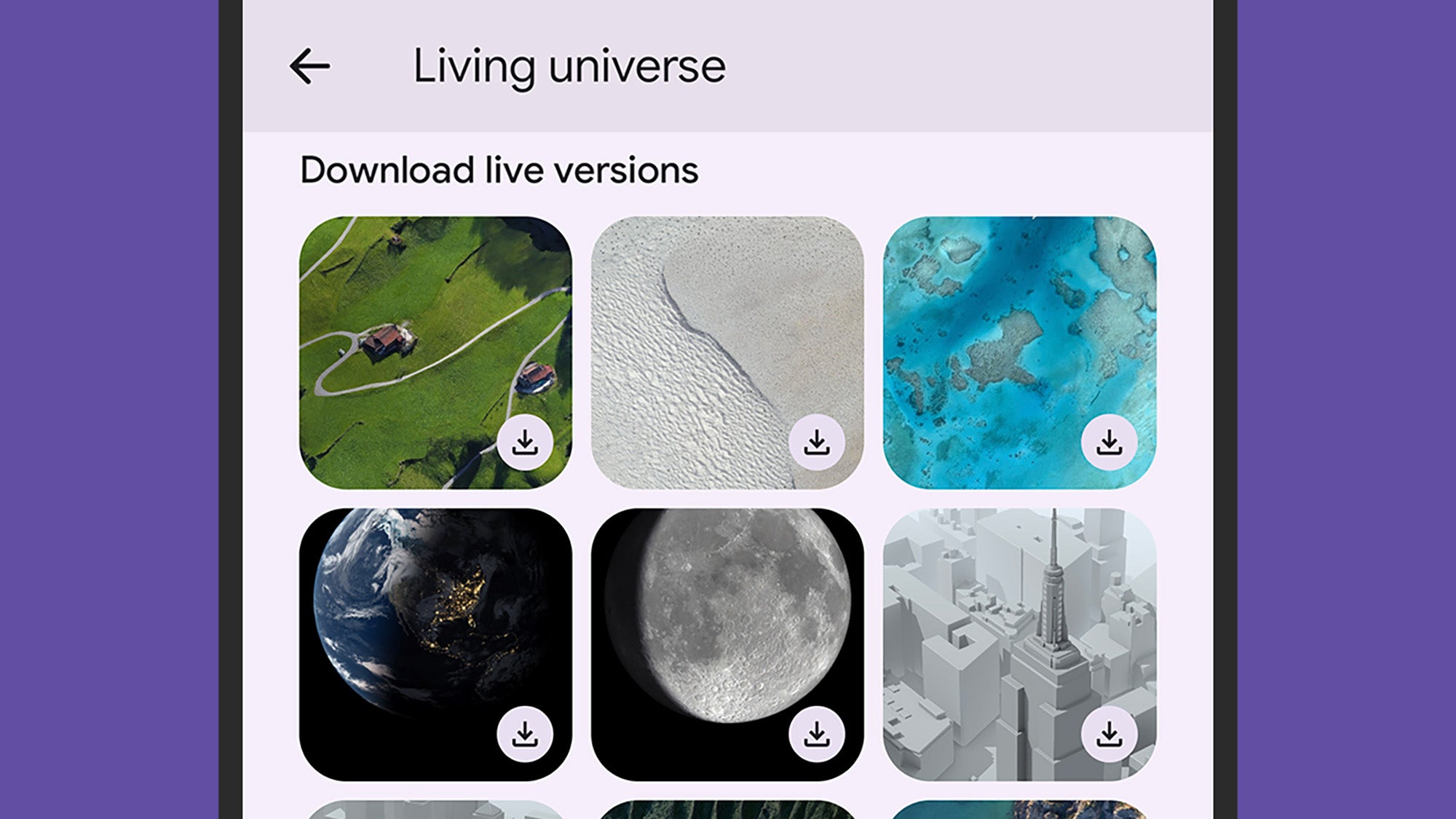 Menu showing the Living Universe wallpapers for Google Pixel