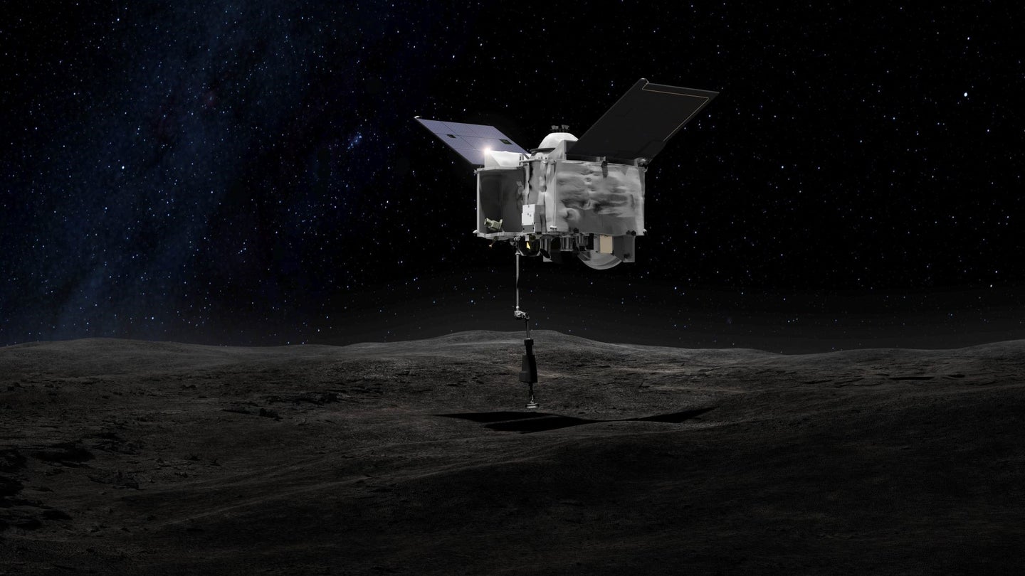 A NASA illustration of its boxy OSIRIS spacecraft touching an asteroid.