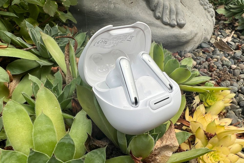 White Anker Liberty 4 NC earbuds in their case, sitting on green succulents in front of a stone statue