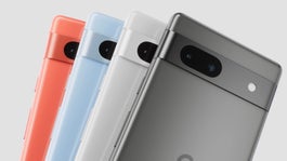 Four Google Pixel phones fanned out from left to right: red, blue, silver, and black.