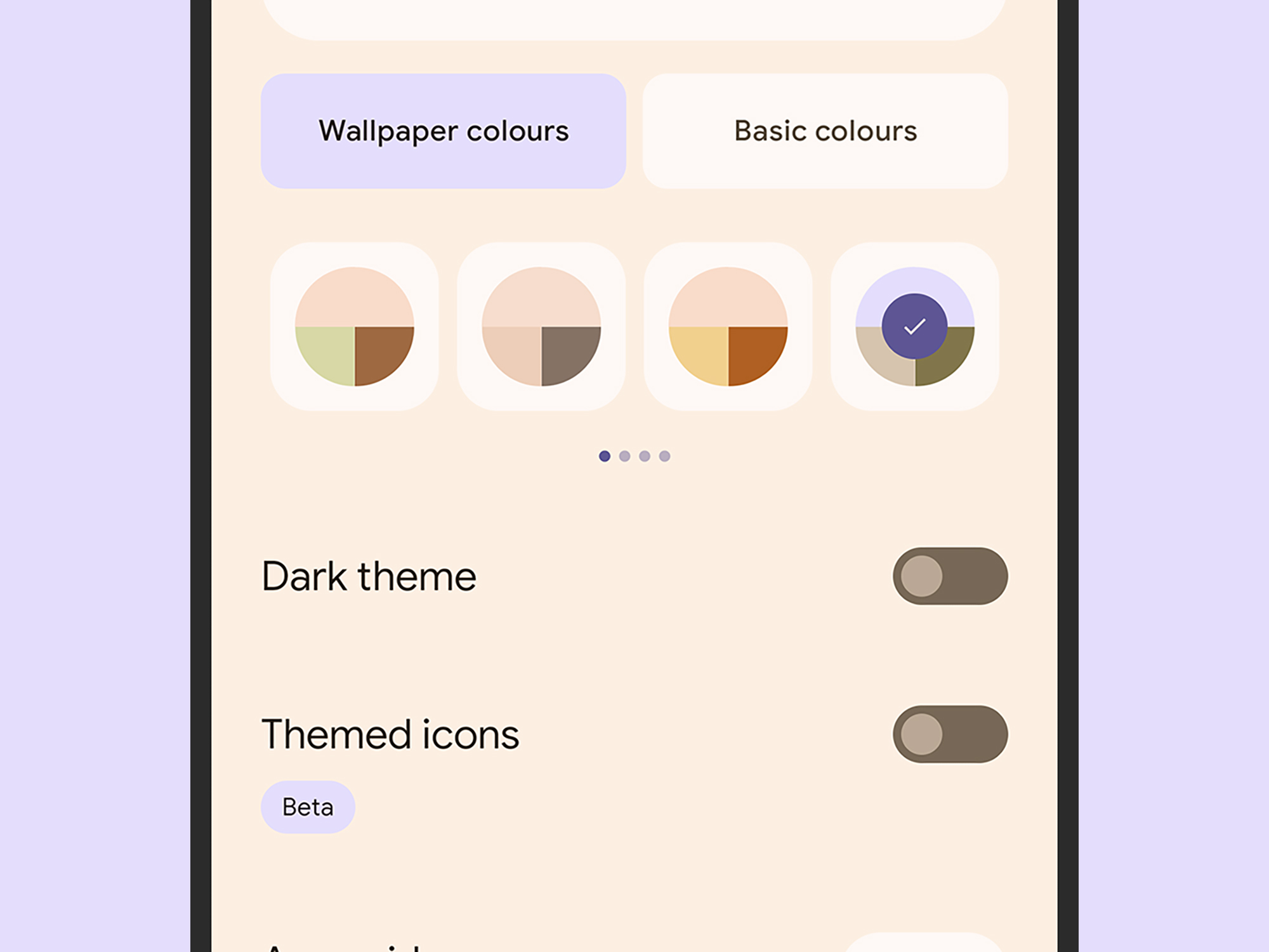 A Pixel phone's wallpaper settings, showing all the customization options.