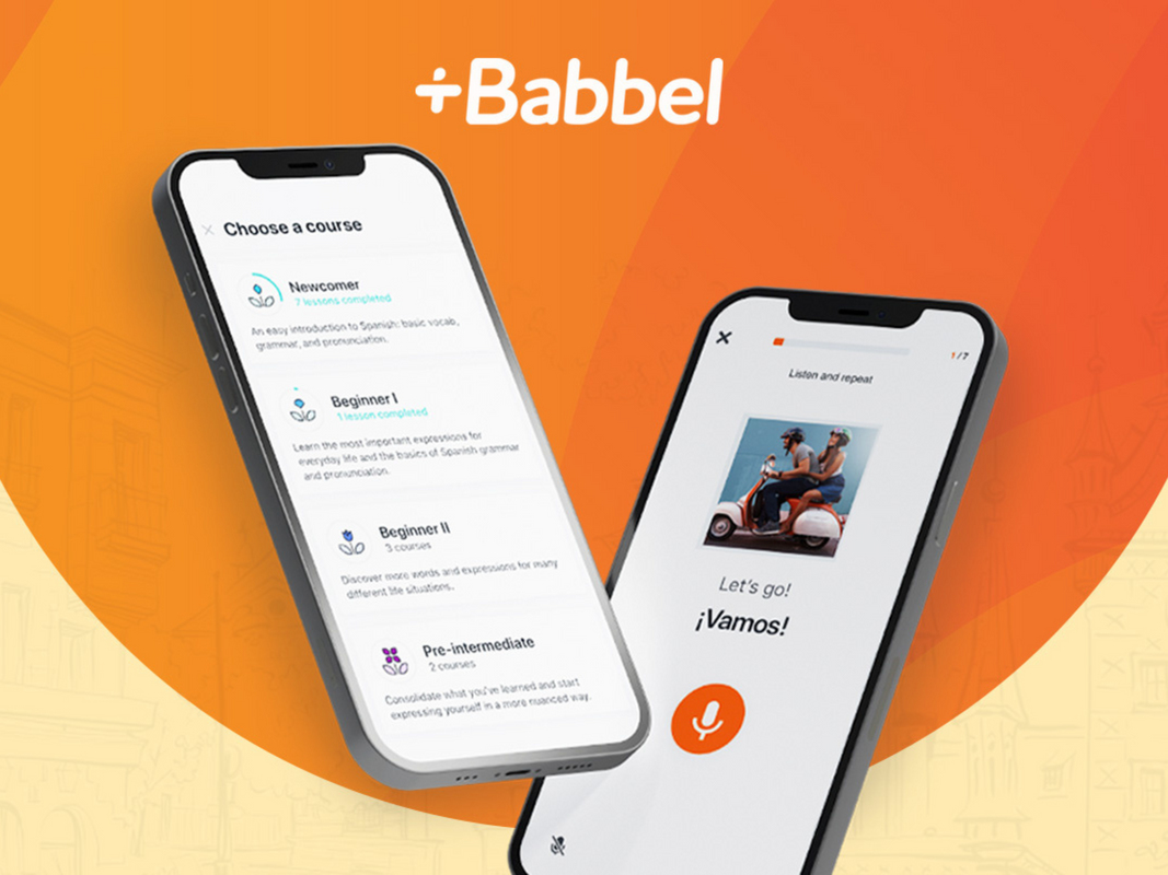 Babbel pulled up on a phone against an orange background