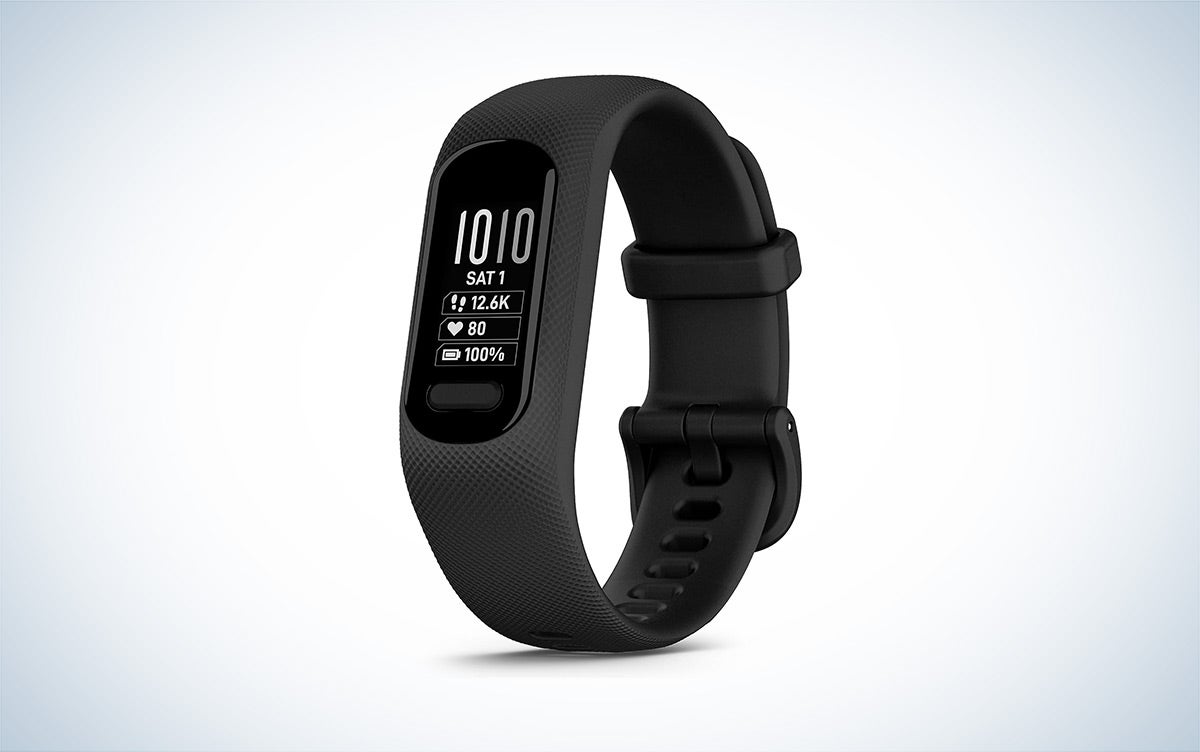 The Garmin vívosmart 5 cheap fitness tracker with black band against a white background