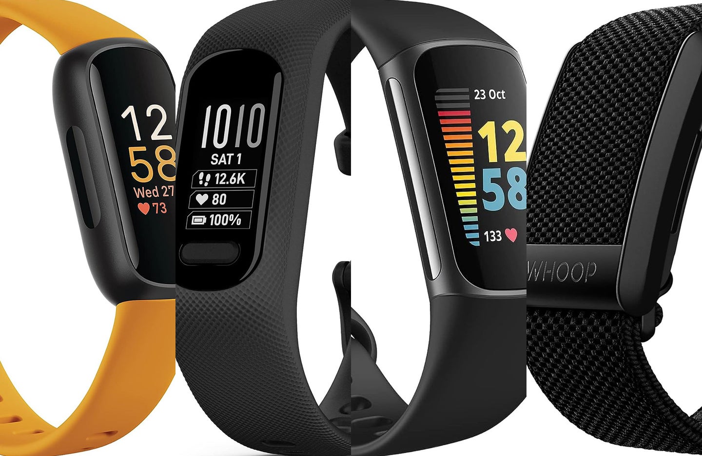 Four of the best cheap fitness trackers sliced together against a white background