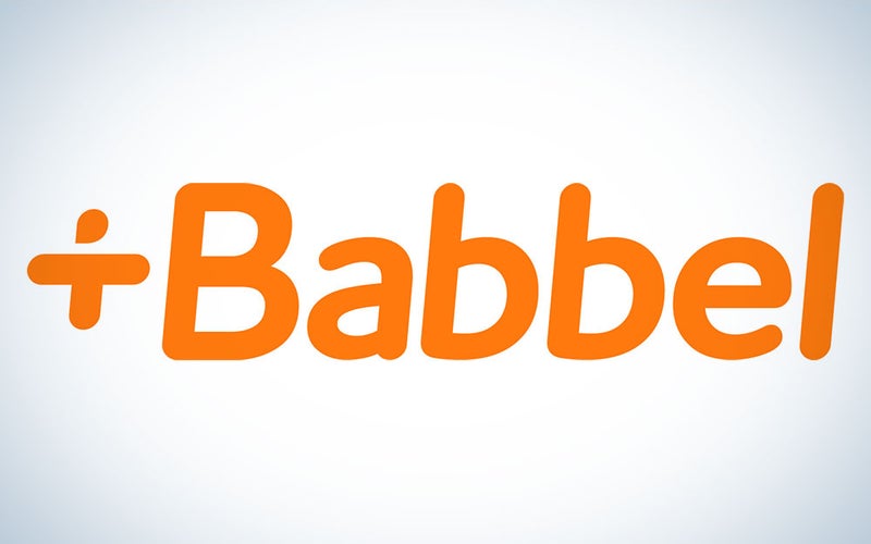 An orange Babbel logo on a blue and white background