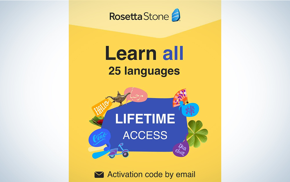 A Rosetta Stone advert on a blue and white background