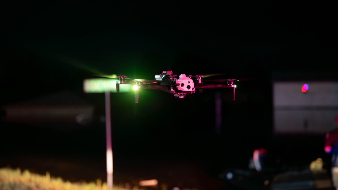 Skydio X10 drone flying at night