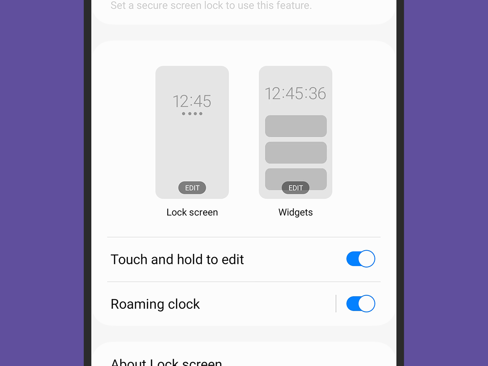 Menu to customize widgets on Samsung Galaxy lock screen