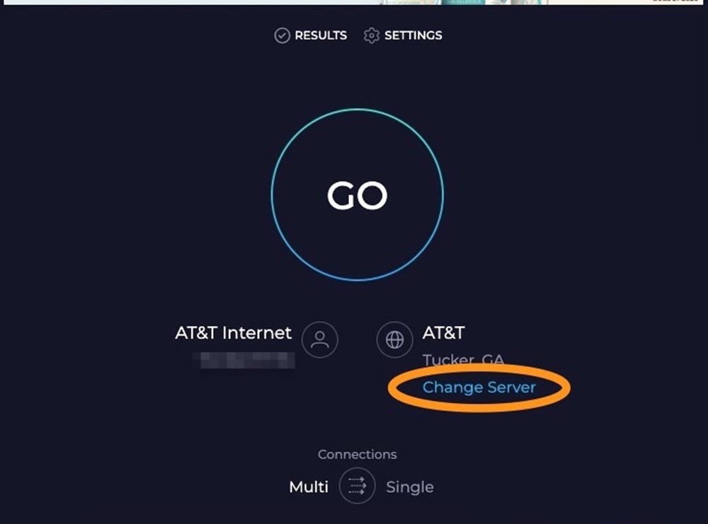 To test your internet speed on Ookla, you'll need to change to a server nearby.