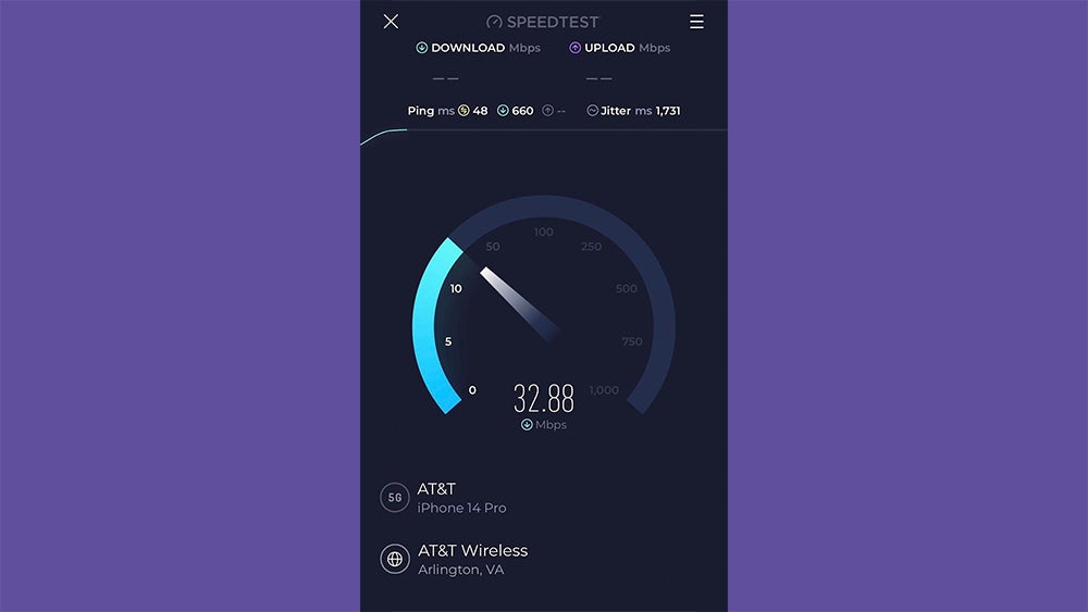 The speedometer in the Ookla app calculates upload and download speeds in megabits per second (Mbps).
