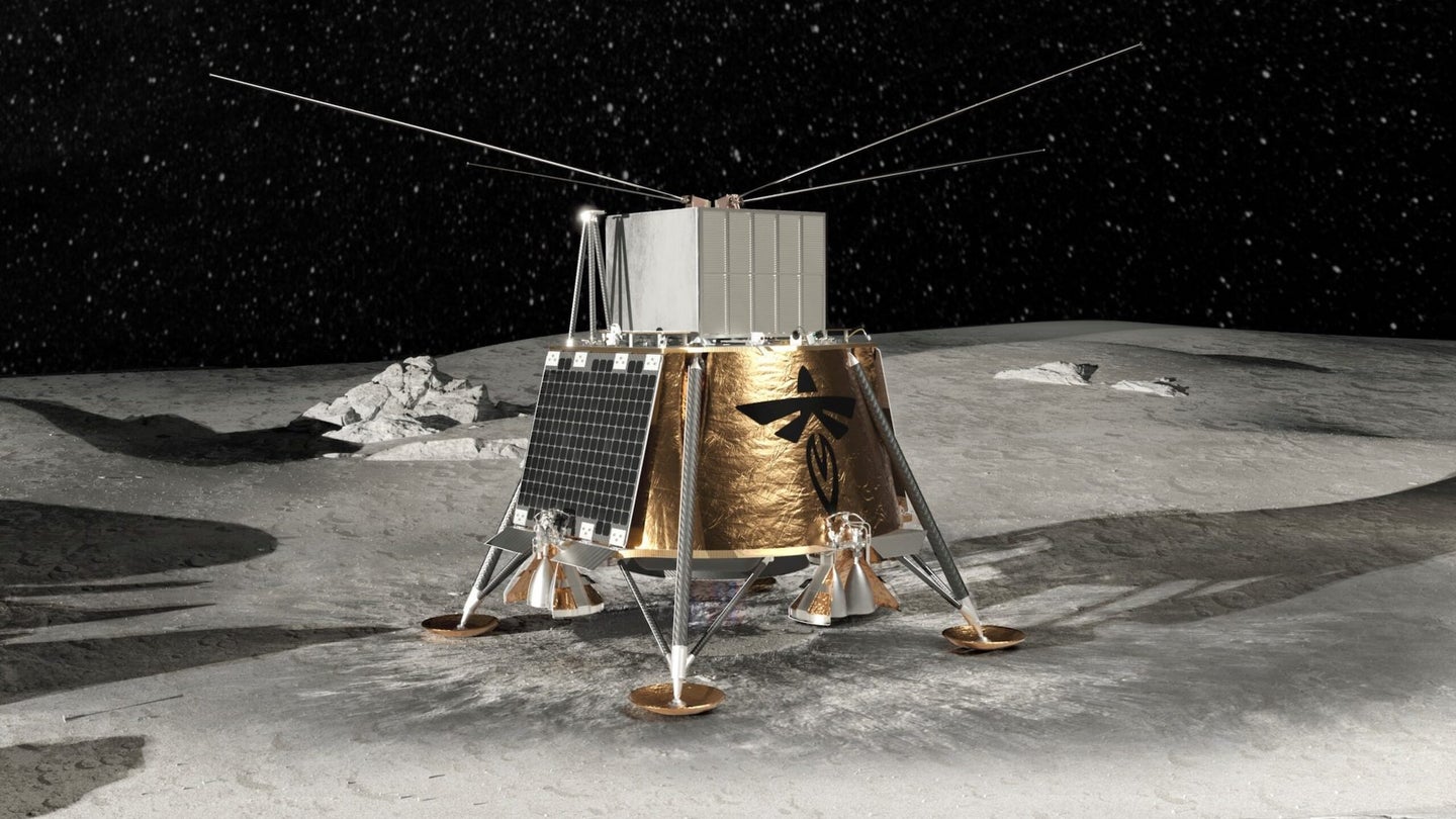Rendering of Firefly Space's Blue Ghost lunar lander on moon surface